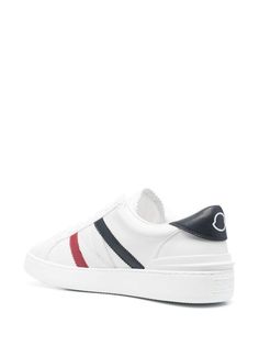 Moncler faux-leather Sneakers - Farfetch Classic High-top Sneakers With Branded Heel Counter, White Sneakers With Signature Stripes For Streetwear, White Sneakers With Signature Stripes And Round Toe, White Round Toe Sneakers With Signature Stripes, White Low-top Sneakers With Signature Stripes, White Low-top Platform Sneakers With Logo Detail, Sporty Leather Platform Sneakers With Logo Detail, Sporty Leather Platform Sneakers With Logo, White Lace-up Sneakers With Signature Stripes