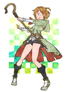 a drawing of a woman with a long brown hair and green coat holding a stick