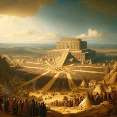 a painting of people standing in front of a large pyramid on top of a desert