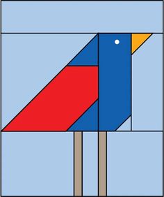 a blue, red and yellow geometric design with an orange triangle in the center is shown