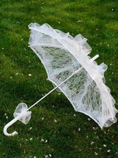 an umbrella that is sitting in the grass with net on it's handle and attached to