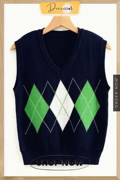 Checkered Cropped Knitted Tank Argyle Sleeveless Jumper Casual Green Sleeveless Sweater, Green Knit Sleeveless Vest, Green Sleeveless Knitted Sweater, Green Sleeveless Knit Vest, Green Knitted Sleeveless Sweater Vest, Knitted Sweater Vest, Argyle Print, Sleeveless Jumper, Knitted Wit