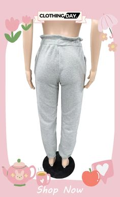 Grey Fashion Casual Solid Basic Regular High Waist Trousers Casual Plain Bottoms For Spring, Casual High Waist Gray Sweatpants, Casual Gray Bottoms Solid Color, Chic High Waist Cotton Sweatpants, Chic Leisure Bottoms For Spring, Casual Solid Color Sweatpants For Spring, Casual High Waist Pants, High Waist Gray Sweatpants For Spring, Fitted Leisure Bottoms With Pockets