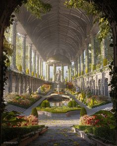 an artist's rendering of a beautiful garden with flowers and greenery in the center