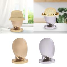 three different types of egg cups with hats on them, one is white and the other has gold