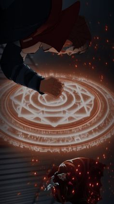 an animated image of a person standing in front of a circular object with fire coming out of it