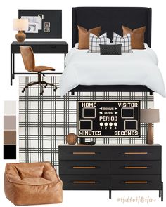 a bedroom with black and white furniture, plaid wallpaper, brown leather chair, and bed