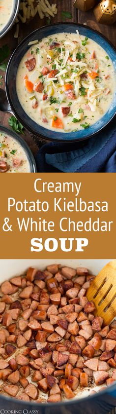 creamy potato, kielbasa and white cheddar soup in a blue bowl