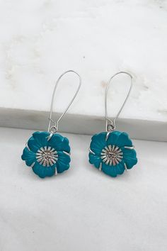 Aquatic Flora U-Hook Earrings Turquoise Flower Charm Earrings For Gift, Turquoise Flower Earrings As A Gift, Gift Turquoise Flower Charm Earrings, Gift Turquoise Flower Earrings, Elegant Turquoise Flower Earrings Nickel Free, Elegant Turquoise Nickel-free Flower Earrings, Turquoise Nickel Free Flower Earrings, Nickel Free Turquoise Flower Earrings, Turquoise Dangle Earrings With Flower Charm