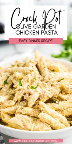 a white bowl filled with chicken pasta and garnished with parsley on the side