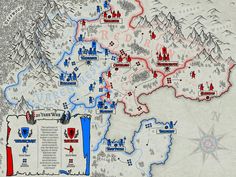 a map with red and blue markers on it, including the location of several battles