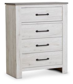 a white dresser with three drawers and two handles on each drawer, against a white background