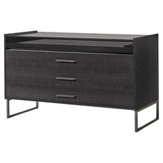 a black dresser with three drawers on one side and an open drawer on the other