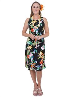 Passion Paradise Black Rayon Hawaiian Midi Tank Dress Black Tropical Print Dress For Vacation, Black Dresses With Tropical Print For Vacation, Black Tropical Dress For Spring, Fitted Black Dress With Tropical Print, Hawaiian Dresses, Midi Tank Dress, Hawaiian Dress, Hawaiian Shirts, Tank Dress