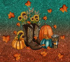 a painting of boots, sunflowers and pumpkins on a glittery background