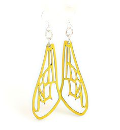 "Made In U.S.A Style # 1045 Size 1.7\" x 0.6\" Bee Wing Earrings Honey bees can visit 50 to 100 flowers a trip. Made from sustainably sourced wood and 90% recycled display cards. Laser-cut wood Stained with water based dye Ear wires are silver-finished 304L stainless steel, hypoallergenic, and enhanced with a new, smooth and consistent electrophoretic coating that resists tarnishing. Earrings are shown in color Lemon Yellow!" Bumble Bee Earrings, Fab Lab, Bee Wings, Mitten Ornaments, Red Sunflowers, Bee Jewelry, Ear Earrings, Bee Gifts, Bee Necklace