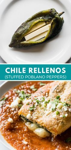 grilled stuffed poblano peppers with chile rellenos on the side and in a white bowl