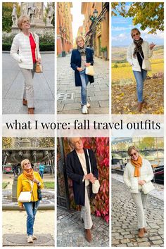 four different pictures with the words what i wore fall travel outfits