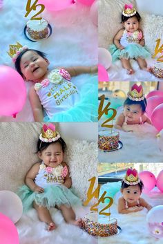 a collage of photos showing a baby wearing a birthday cake