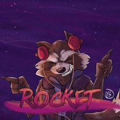 a cartoon raccoon holding a rocket with the word rocket on it