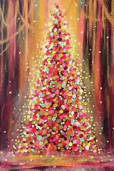 a painting of a brightly colored christmas tree in the middle of a forest with gold and red lights