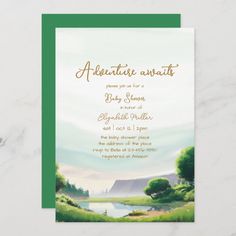 the adventure awaits baby shower is shown on this green and gold foiled card