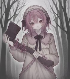 a girl with pink hair is holding an ax in the middle of a wooded area