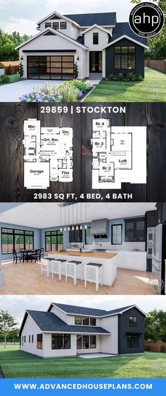 two story house plan with 3 beds, 4 bathrooms and an open floor plan in the middle