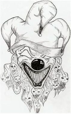 a drawing of a clown's face with skulls around it