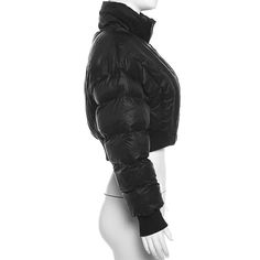 Material: Polyester Black Cropped Jacket With Ribbed Cuffs For Fall, Black Quilted Jacket With Ribbed Cuffs For Winter, Casual Black Biker Jacket With Ribbed Cuffs, Fitted Black Nylon Outerwear, Fitted Techwear Outerwear For Streetwear, Winter Streetwear Long Sleeve Quilted Jacket, Black Long Sleeve Quilted Winter Jacket, Winter Streetwear Quilted Jacket With Long Sleeves, Long Sleeve Quilted Jacket For Streetwear In Winter