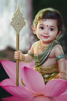 a painting of a baby sitting on top of a pink flower with a stick in it's hand