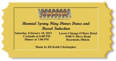 a yellow ticket with the words virginia spring dance and board induction