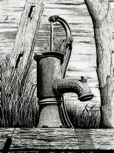 an old fashioned faucet sitting next to some trees