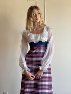 Darling 1970s ruffled sleeve maxi with plaid skirt and sheer sleeve blouse top. Dramatic, yet classic. Fits small  Polyester  Excellent condition Long Sleeve Dresses Fall, Preppy Plaid, Ruffle Collar, Plaid Skirts, Sheer Sleeves, Maxi Dress With Sleeves, Fall Dresses, Dress Clothes For Women, Sleeve Blouse