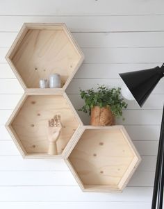 three hexagonal shelves on the wall with plants and other items in them next to a black lamp