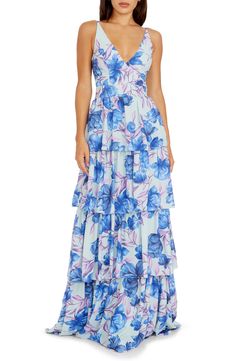 Add romance to your evening-out look in this sleeveless gown designed with vibrant blooms and flouncy layered ruffles. 60 1/2" length Hidden back-zip closure V-neck Sleeveless Partially lined 100% polyester Machine wash, dry flat Imported Ruffle Gown, Sleeveless Gown, Dress The Population, Ruffles, Special Occasion, Floral Print, Floral Prints, Romance, Nordstrom