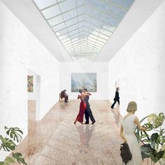 an artist's rendering of two people dancing in a room with plants and paintings on the walls