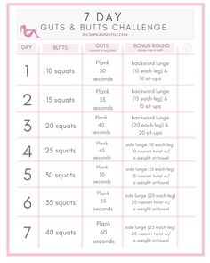 the 7 day out and butts challenge is shown in pink, with text that says it