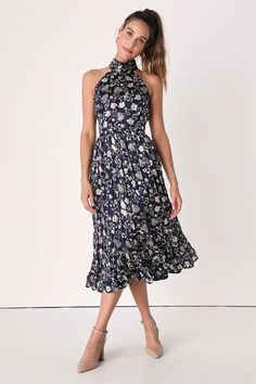 Summer Wedding Guest Dresses - Summer Wedding Outfits - Lulus Summer Wedding Guest, Summer Wedding Guests, Summer Wedding Outfits, Elegant Attire, Navy Floral Dress, Guest Attire, Wedding Attire Guest, Halter Midi Dress, Flowy Maxi Dress