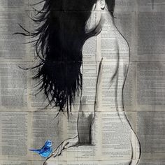 a drawing of a woman with long hair and a blue bird