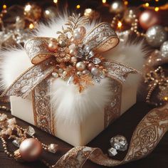 a white present box sitting on top of a wooden table next to beads and chains