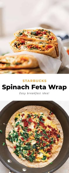 spinach feta wrap on a plate and in a cast iron skillet with text overlay