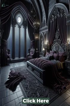 a gothic bedroom is shown with purple and black decor, including a large bed in the middle