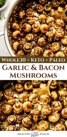 garlic and bacon mushrooms in a skillet with text overlay