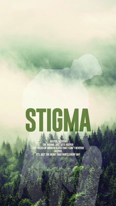 a poster with the words stigmaa on it in front of trees and foggy sky