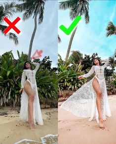 a woman in white dress standing on beach next to palm trees and green tick mark