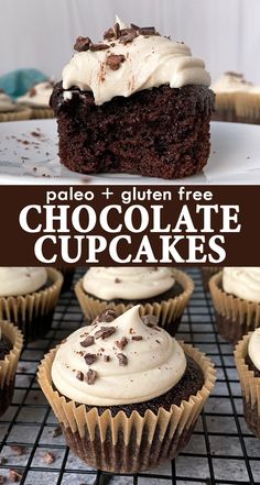 chocolate cupcakes with white frosting on a cooling rack and in the background