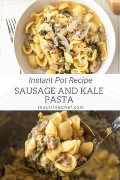 instant pot recipe sausage and kale pasta in a white bowl with a serving spoon