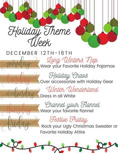 the holiday theme week flyer is shown