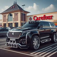 a black suv parked in front of a store with the name carefour on it